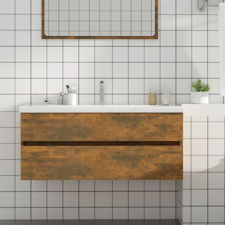 vidaXL Wastafelkast 100x38,5x45 cm bewerkt hout gerookt, Huis en Inrichting, Badkamer | Badkamermeubels, Wastafelkast, Nieuw, Minder dan 100 cm