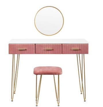 Kaptafel met Spiegel en Kruk – Roze Fluweel, 3 Lades, Metaal, Huis en Inrichting, Tafels | Kaptafels, Verzenden, Nieuw