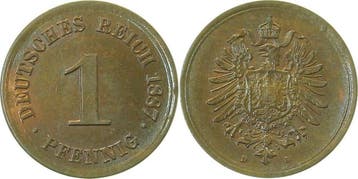 Duitsland 1 Pfennig 1887 D J 001 teilweise Originalfarbe, Verzenden
