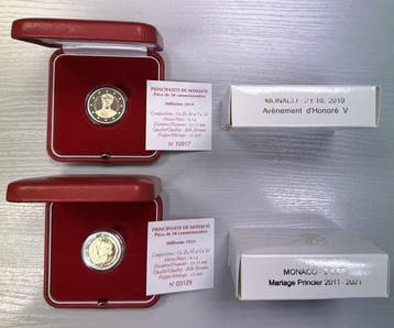 Monaco. 2 Euro 2019/2021 Honoré V + Mariage Princier (2