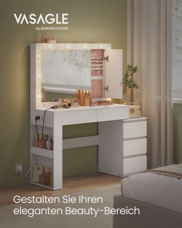 VASAGLE Kaptafel met LED Verlichting, Spiegel, Sieradenkast, Verzenden, Nieuw