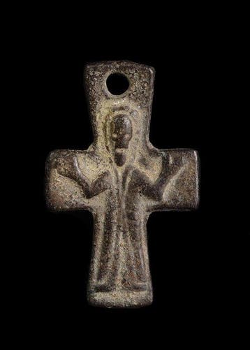 Byzantijns Brons Kruis hanger met Maria of Sint Orans