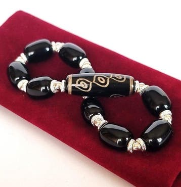 Agaat & Obsidiaan - Heilige amulet - dZi met 6 ogen - Trekt