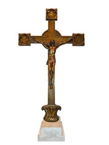 Oud altaarkruisbeeld - 47 cm - Antiek - Messing, Steen -, Antiek en Kunst