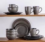 16-delige Grijs Bruin Reliëf Keramische Serviesset - Servies, Verzenden, Nieuw, Keramiek, Compleet servies