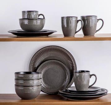 16-delige Grijs Bruin Reliëf Keramische Serviesset - Servies, Verzenden, Nieuw, Keramiek, Compleet servies
