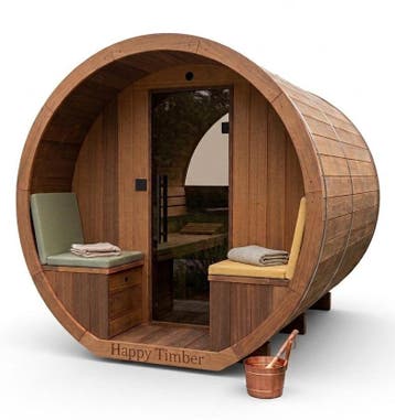 Gemodificeerd Ayous barrel sauna met voorportaal 265 cm, Ophalen of Verzenden, Nieuw
