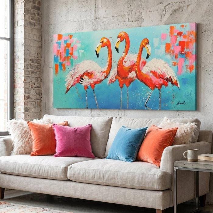 Monika Spiewak - Flamingos - Oil Painting Stretched On The, Antiek en Kunst, Kunst | Schilderijen | Modern