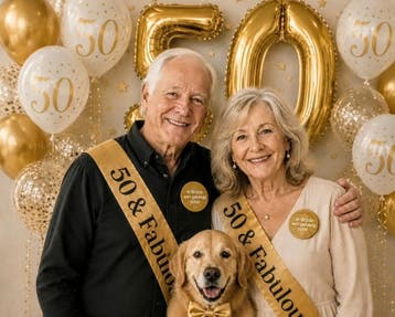 50 & Fabulous set met 2 sjerpen, buttons en ballonnen, Ophalen of Verzenden, Nieuw, Versiering, Overige