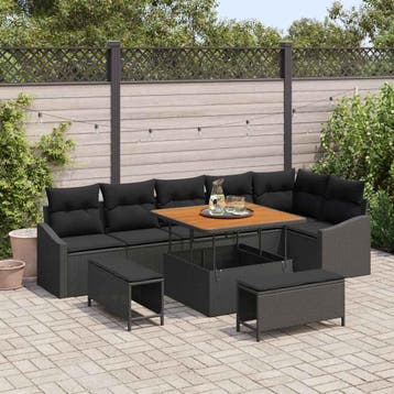 vidaXL Tuinbankenset 9 st 7-Aantal zitplaatsen Zwart Poly, Verzenden, Nieuw, Rotan, Meer dan 8 zitplaatsen