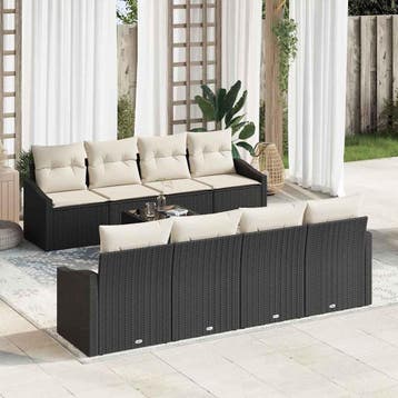 vidaXL Bankstel met kussen met kussen 9 pcs Zwart en Crème, Verzenden, Nieuw, Rotan, Meer dan 8 zitplaatsen