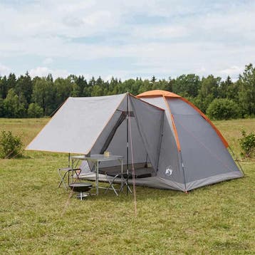 vidaXL Kamperen tent 4-persoons Grijs en Oranje Polyester en, Verzenden, Nieuw, Tot en met 2