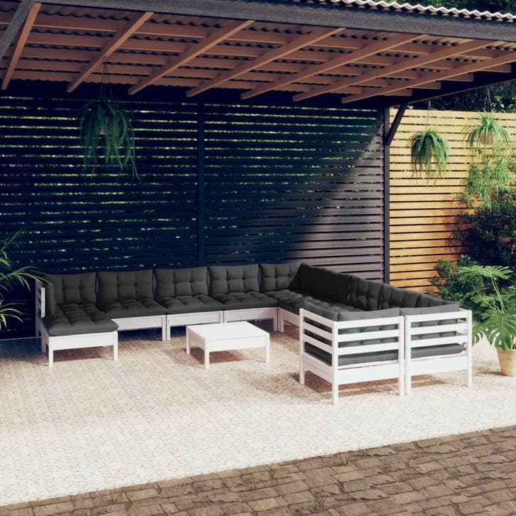 vidaXL 12-delige Loungeset met kussens grenenhout wit, Tuin en Terras, Tuinsets en Loungesets, Loungeset, Nieuw, Verzenden