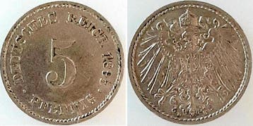 Duitsland 5 Pfennig 1895e fast Vz, Verzenden