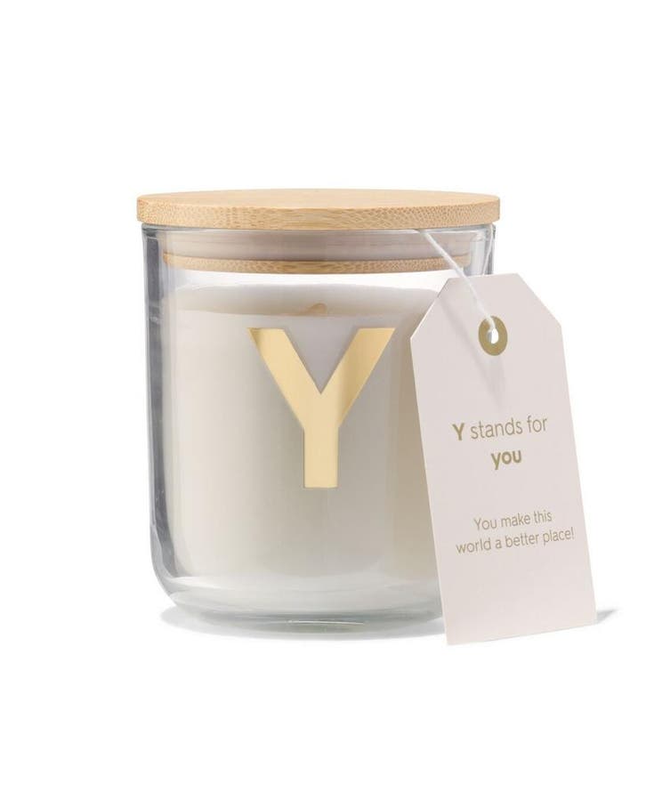 HEMA Kaars in glas Ø8x10cm letter Y, Huis en Inrichting, Woonaccessoires | Kandelaars en Kaarsen, Nieuw, Verzenden