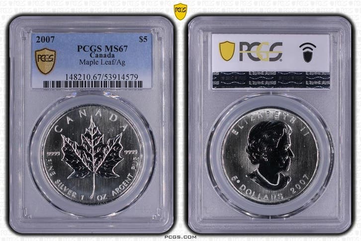Canada 1 oz Maple Leaf 2007 PCGS MS67 gecertificeerd, Postzegels en Munten, Munten | Amerika, Noord-Amerika, Losse munt, Zilver