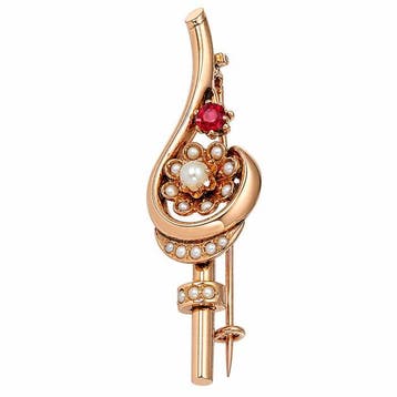 Broche - 14 karaat Geel goud - 0.15ct. tw. Robijn - Parel -
