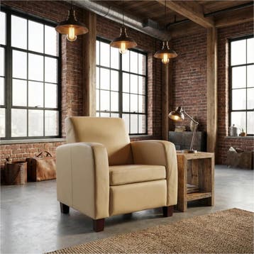 Leren fauteuil Joy - Toledo Kalahari (bruin) - Poten hout, Nieuw, Ophalen of Verzenden, Eigentijds, Klassiek, Modern, 50 tot 75 cm