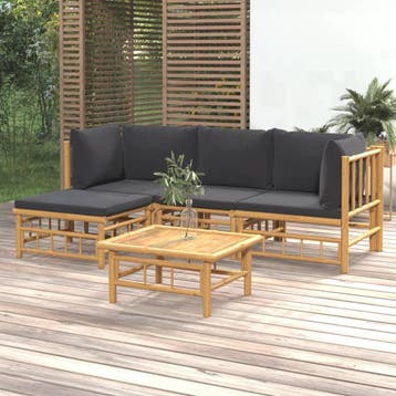 vidaXL 5-delige Loungeset met kussens bamboe donkergrijs, Verzenden, Nieuw, Hout, Loungeset