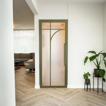 Stalen Binnendeur Olijfgroen 5  Vlaks rond Kathedraalglas, Minder dan 80 cm, Binnendeur, Nieuw, Metaal