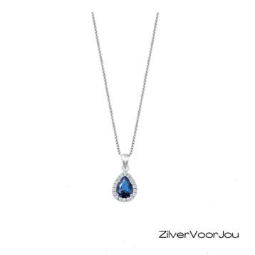 Zilveren Druppel Hanger Ketting met Saffier cz – 925 Zilver, Verzenden, Nieuw, Zilver