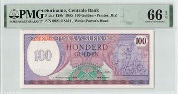 1985 Suriname 100 Gulden Pick 128b Pmg Gem Unc 66 Epq, Verzenden