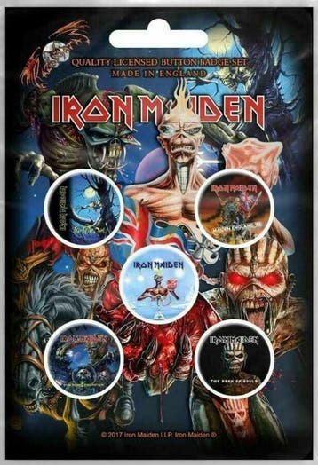 Iron Maiden button Later Albums 5-pack officiële merchandise, Ophalen of Verzenden, Nieuw, Kleding