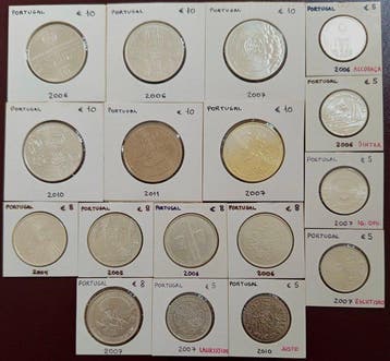 Portugal. 5 Euro / 8 Euro / 10 Euro Various years (17