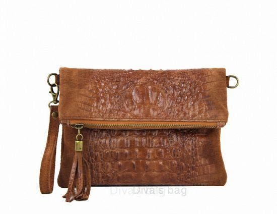 100% suede tas met krokodillenprint - clutch schoudertas -, Sieraden, Tassen en Uiterlijk, Tassen | Schoudertassen