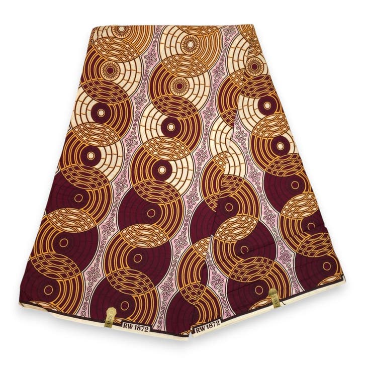 Afrikaanse wax print stof - Bordeauxrood Beige Retro Circles, Hobby en Vrije tijd, Stoffen en Lappen, Nieuw, Ophalen of Verzenden