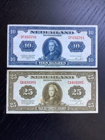 Nederland. - 10 and 25 Gulden 1943 - Pick 66a, 67a (Zonder