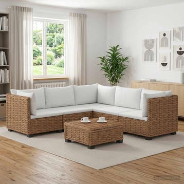 vidaXL 6 st Rieten Loungeset met Kussens GENDT Natuurlijk, Tuin en Terras, Tuinsets en Loungesets, 6 zitplaatsen, Nieuw, Loungeset