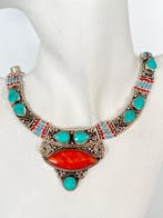turkoois - koraal - vintage Tibetaans zilver - Halsketting