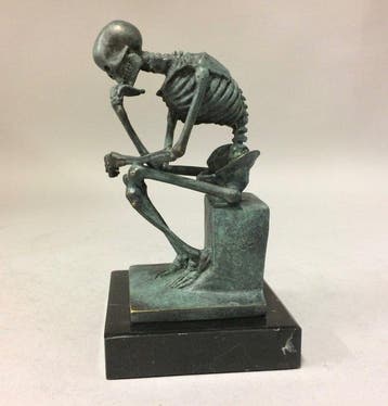 sculptuur, De Denker als skelet - 15 cm - Groen gepatineerd