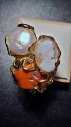 Koraal - Zilver - Ring - cameo, koraal en parel, Verzamelen, Mineralen en Fossielen