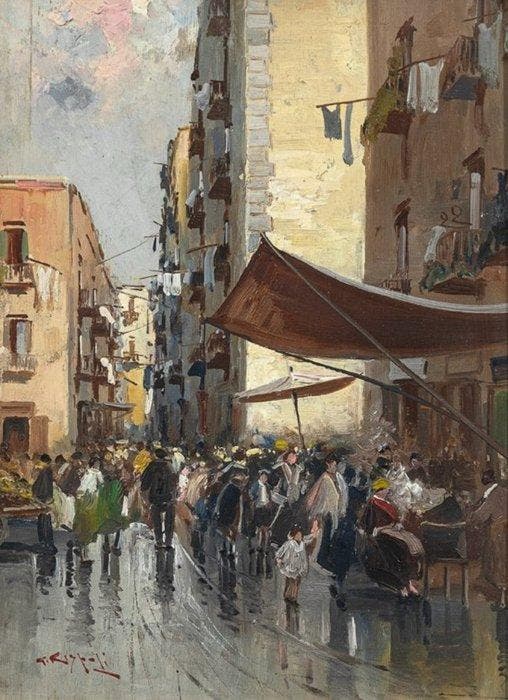 Giuseppe Rispoli (1882-1960) - Scorcio di mercato rionale, Antiek en Kunst, Kunst | Schilderijen | Klassiek