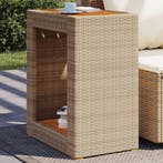 Tuinbijzettafel met houten blad 60x40x75 cm poly rattan beig, Verzenden, Nieuw