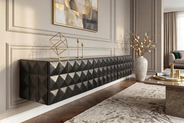 TV-Board VULCANO 160cm 3D hangend met kabelgat mangohout, Huis en Inrichting, Kasten | Televisiemeubels, Ophalen of Verzenden