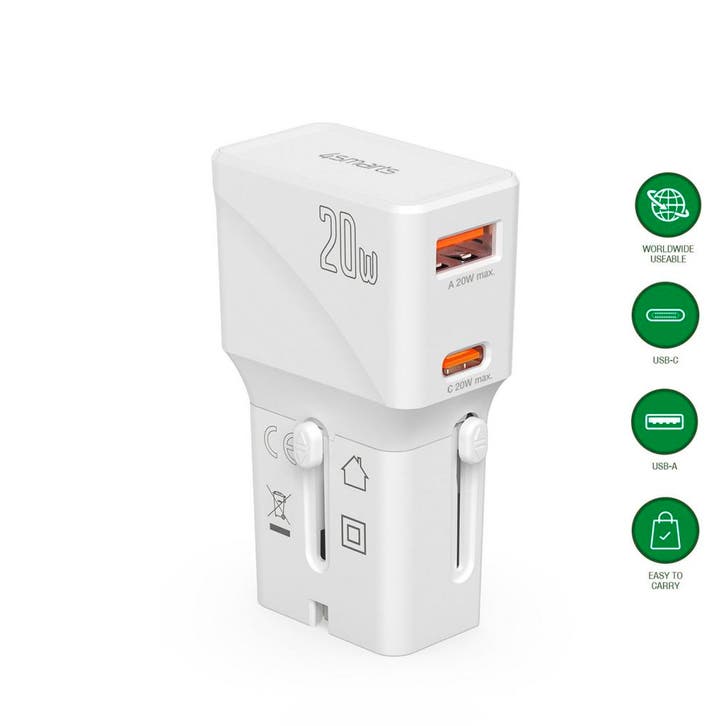 4smarts - Wereldwijde reisadapter - Nomad Pocket 20W - Wit, Telecommunicatie, Mobiele telefoons | Telefoon-opladers, Nieuw, Verzenden