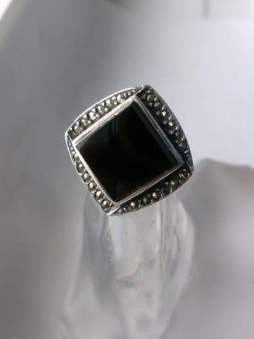 Zilver, Onyx & Marcasites - Ring - Art Deco-stijl