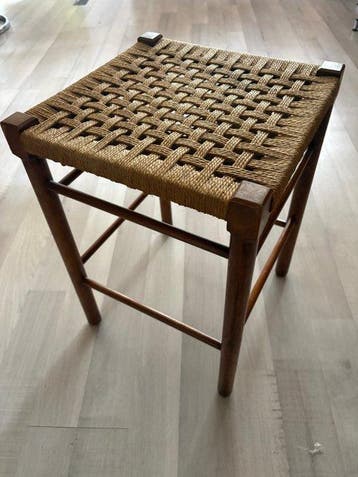Kruk - Hout, touw - Vintage krukje met dubbele gevlochten