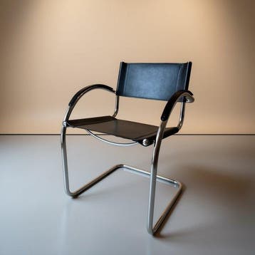 1980s Italian Cantilever Armchair in Black Faux Leather &
