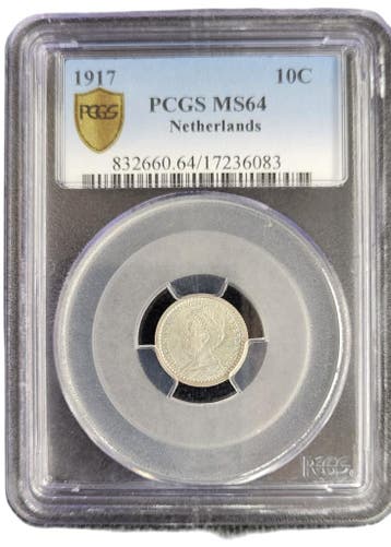 Koningin Wilhelmina 10 cent 1917 PCGS MS64 gecertificeerd, Verzenden, Zilver, 10 cent, Koningin Wilhelmina