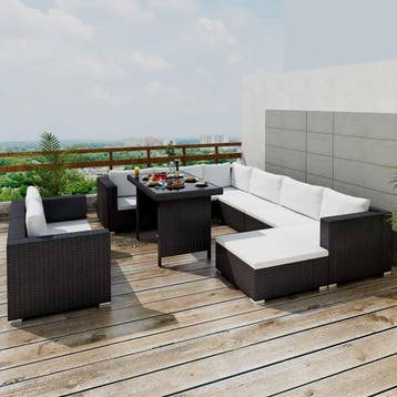 vidaXL 10-delige Loungeset met kussens poly rattan zwart, Verzenden, Nieuw, Meer dan 8 zitplaatsen, Loungeset