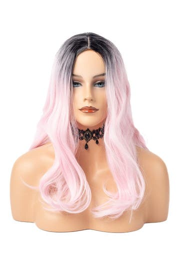 Luxe Lange Lichtroze Pruik Roze Ombre Zwarte Uitgroei Haarwe, Ophalen of Verzenden, Nieuw, Carnaval