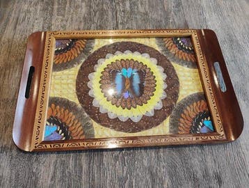 Dienblad - vlindermozaïek - Hout, Glas, vlinder - Art Deco