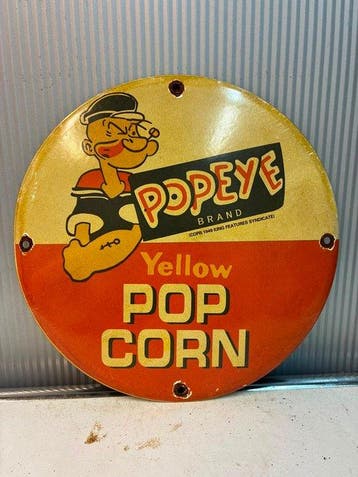 Emaille reclamebord - Popeye Yellow Popcorn – Rond Emaille
