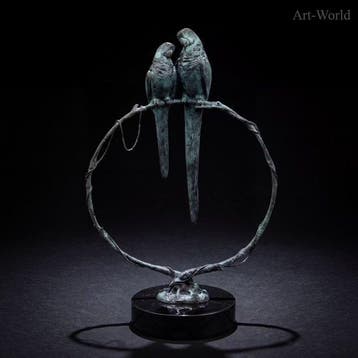 Beeld, Exclusief sculptuur: Paar papegaaien op tak 56 cm /