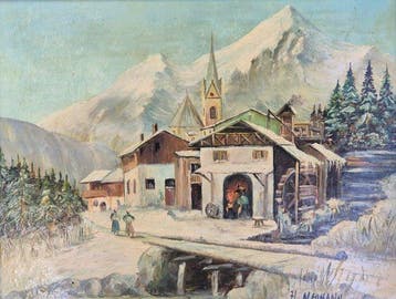 H. Neumann (XX) - Verschneites Alpendorf mit Wassermühle