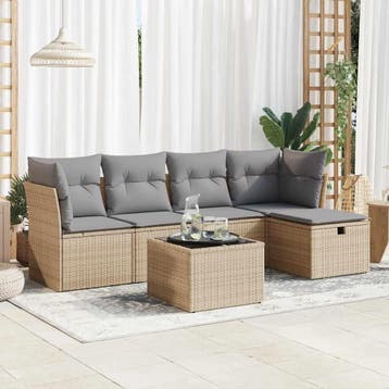 vidaXL 6-delige Loungeset met kussens poly rattan beige, Verzenden, Nieuw, 6 zitplaatsen, Loungeset